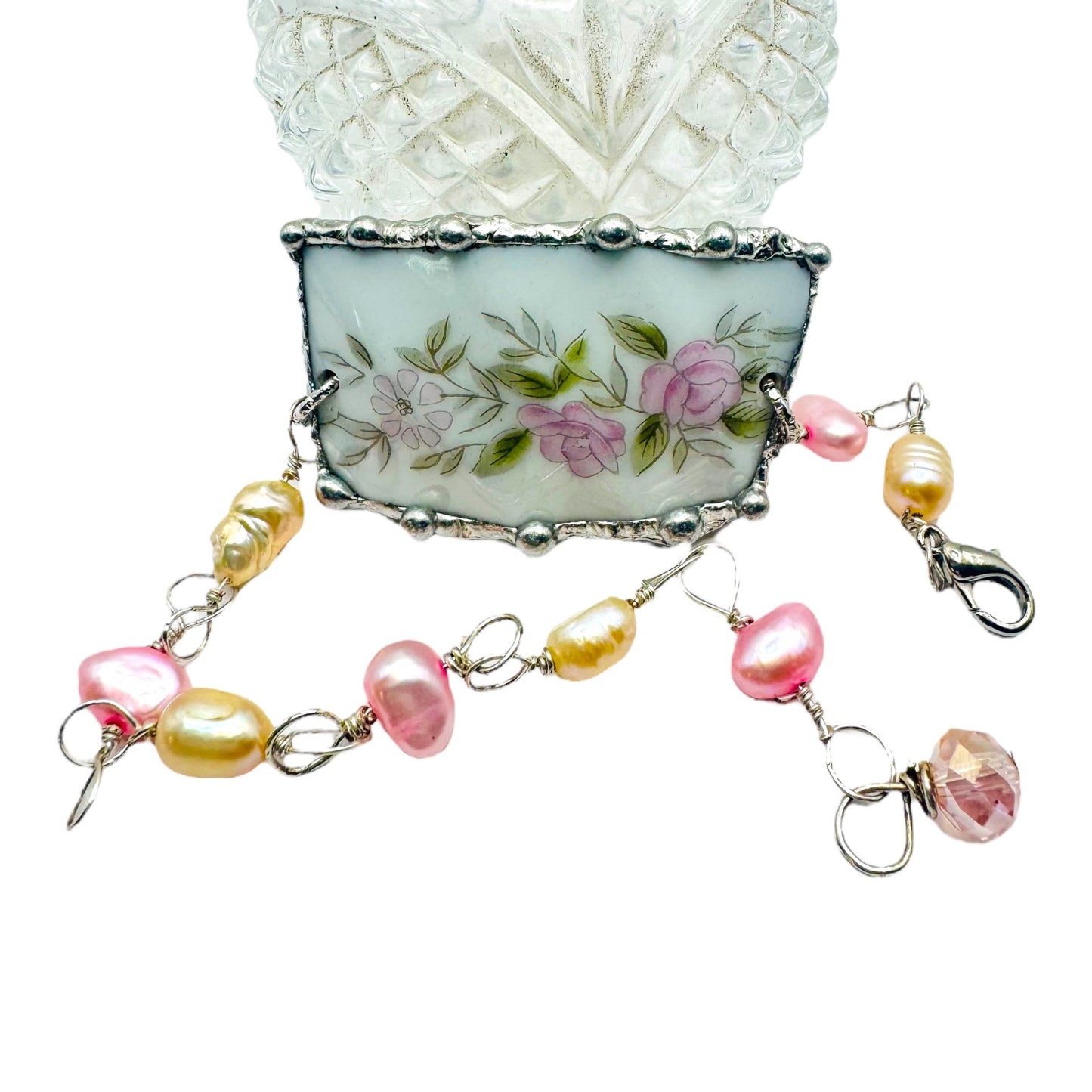 Broken Fine Japan Teacup Bracelet caged with Silver blend Artisan Metalwork and Wire Hand-wrapped Freshwater Pearls
