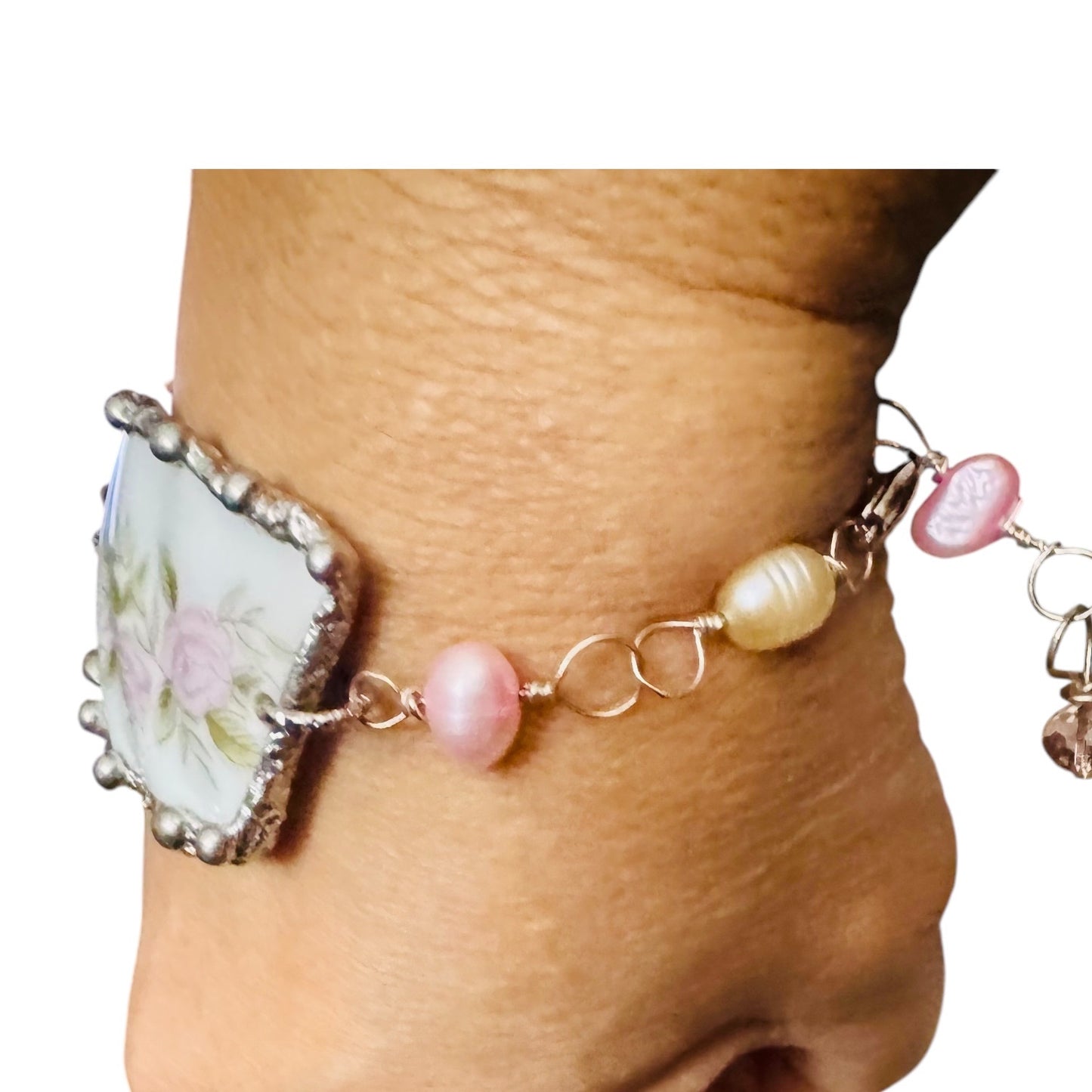 Broken Fine Japan Teacup Bracelet caged with Silver blend Artisan Metalwork and Wire Hand-wrapped Freshwater Pearls
