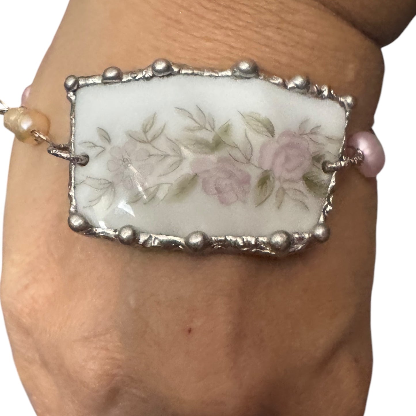 Broken Fine Japan Teacup Bracelet caged with Silver blend Artisan Metalwork and Wire Hand-wrapped Freshwater Pearls