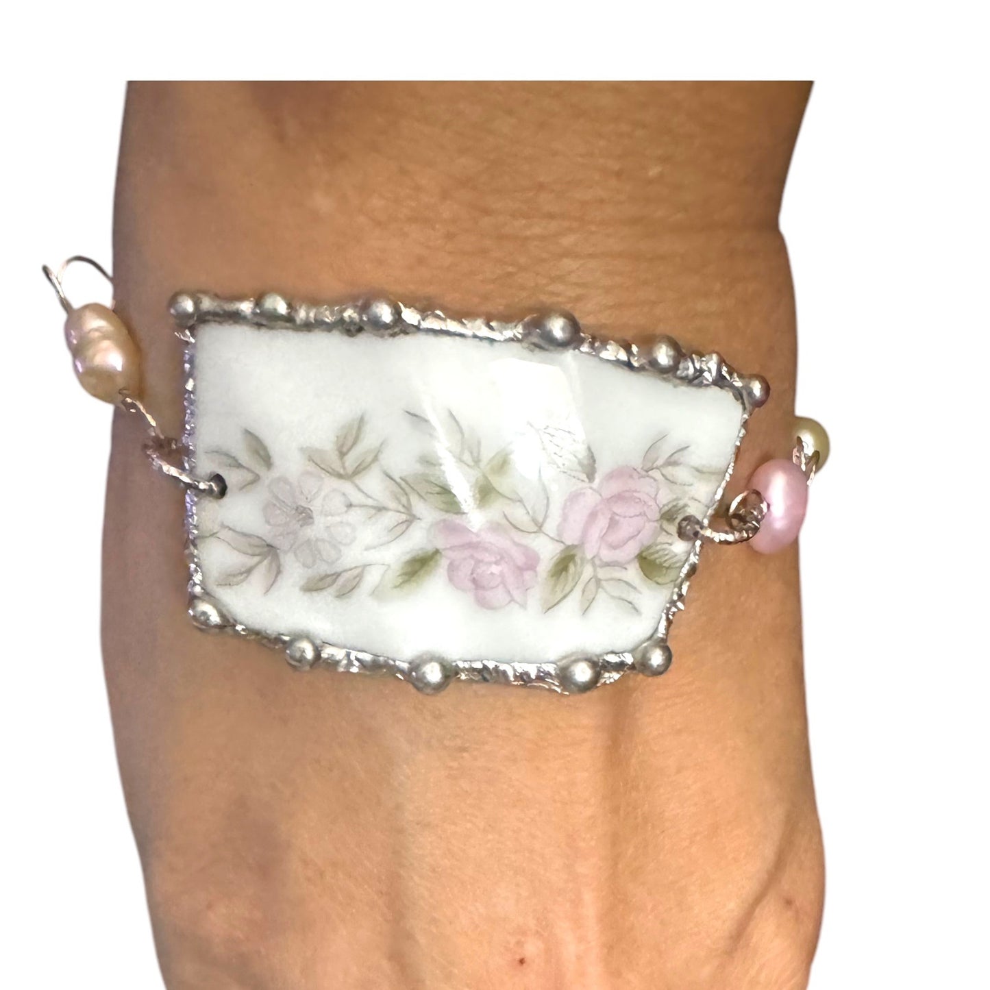 Broken Fine Japan Teacup Bracelet caged with Silver blend Artisan Metalwork and Wire Hand-wrapped Freshwater Pearls