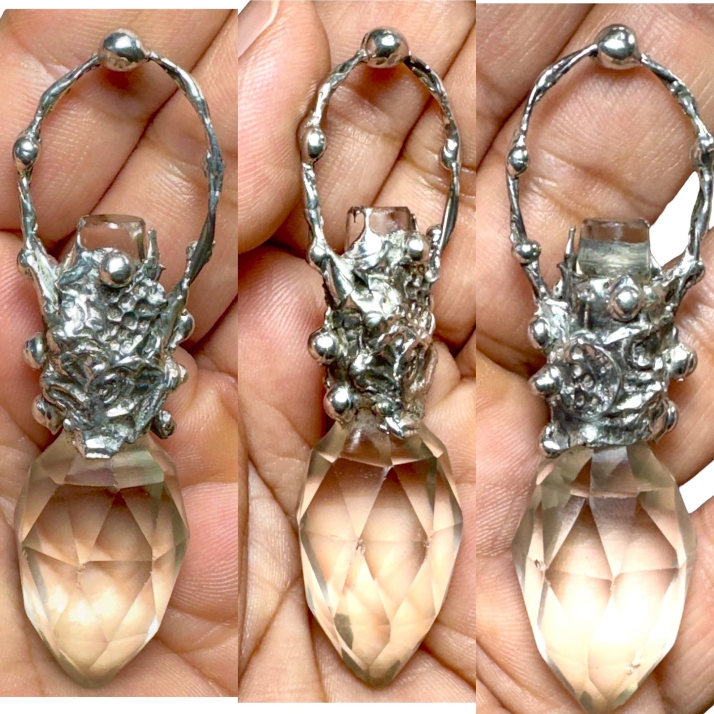 Upcycled Crystal Perfume Bottle Topper Brutalist Silver-Blend Pendant Leather Necklace