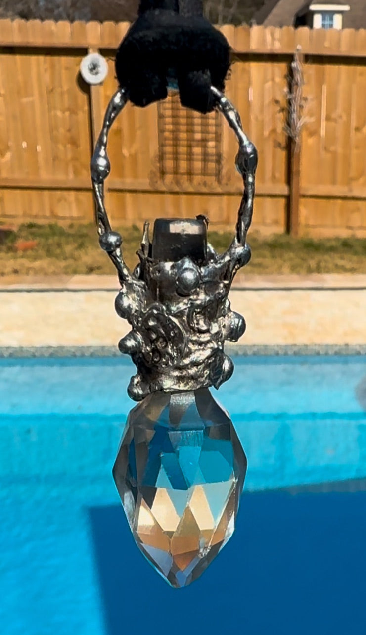 Upcycled Crystal Perfume Bottle Topper Brutalist Silver-Blend Pendant Leather Necklace