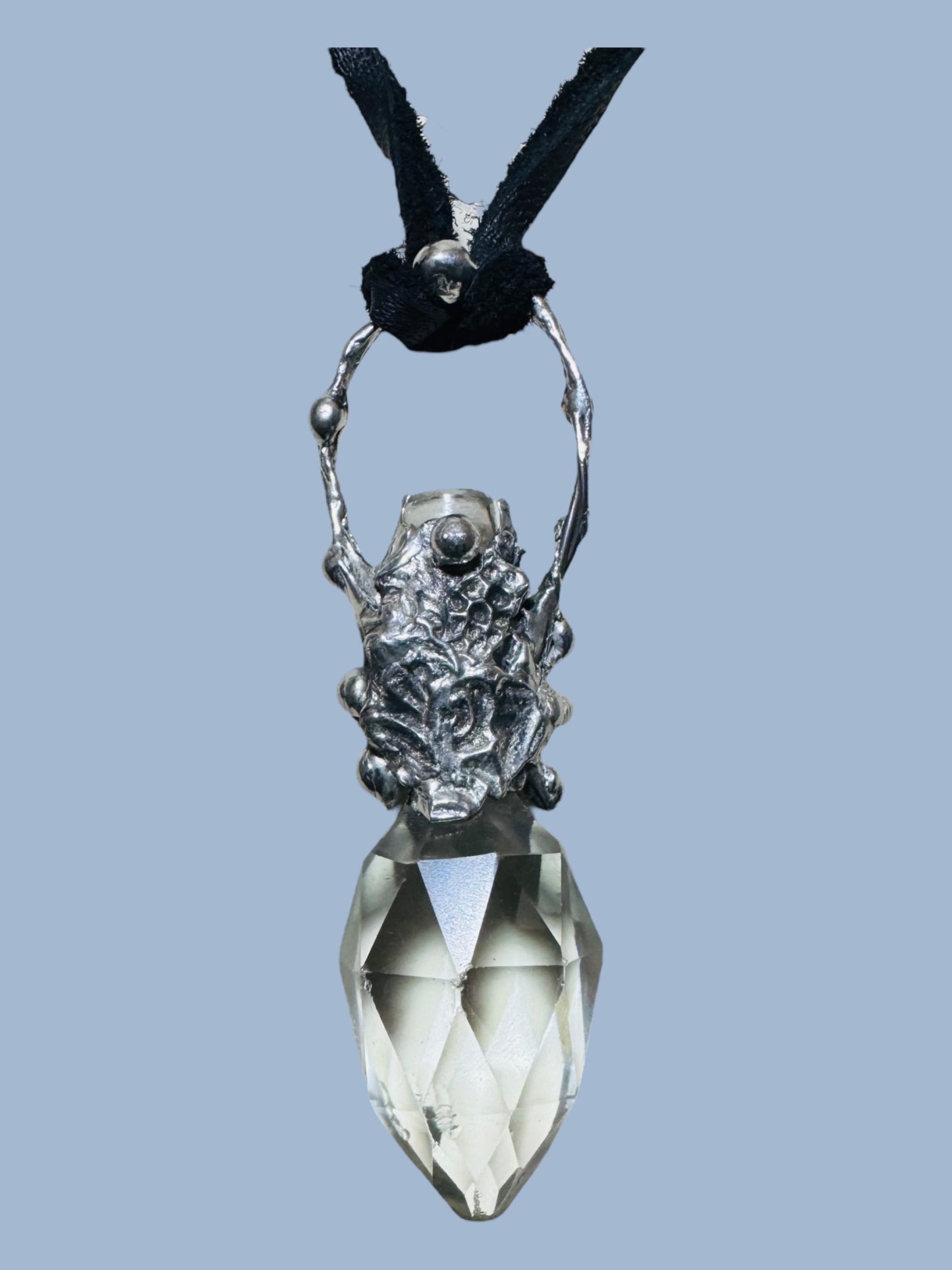 Upcycled Crystal Perfume Bottle Topper Brutalist Silver-Blend Pendant Leather Necklace