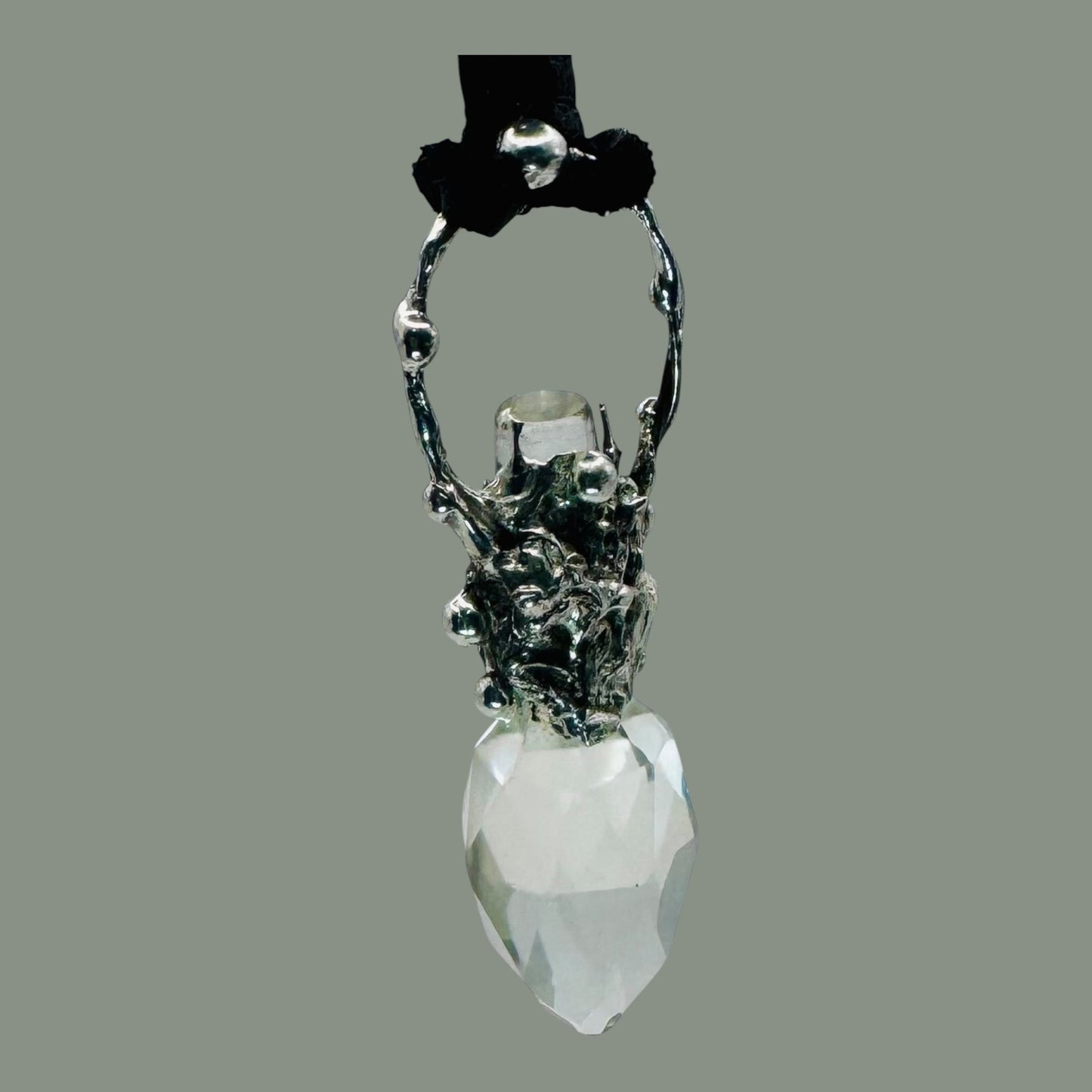 Upcycled Crystal Perfume Bottle Topper Brutalist Silver-Blend Pendant Leather Necklace