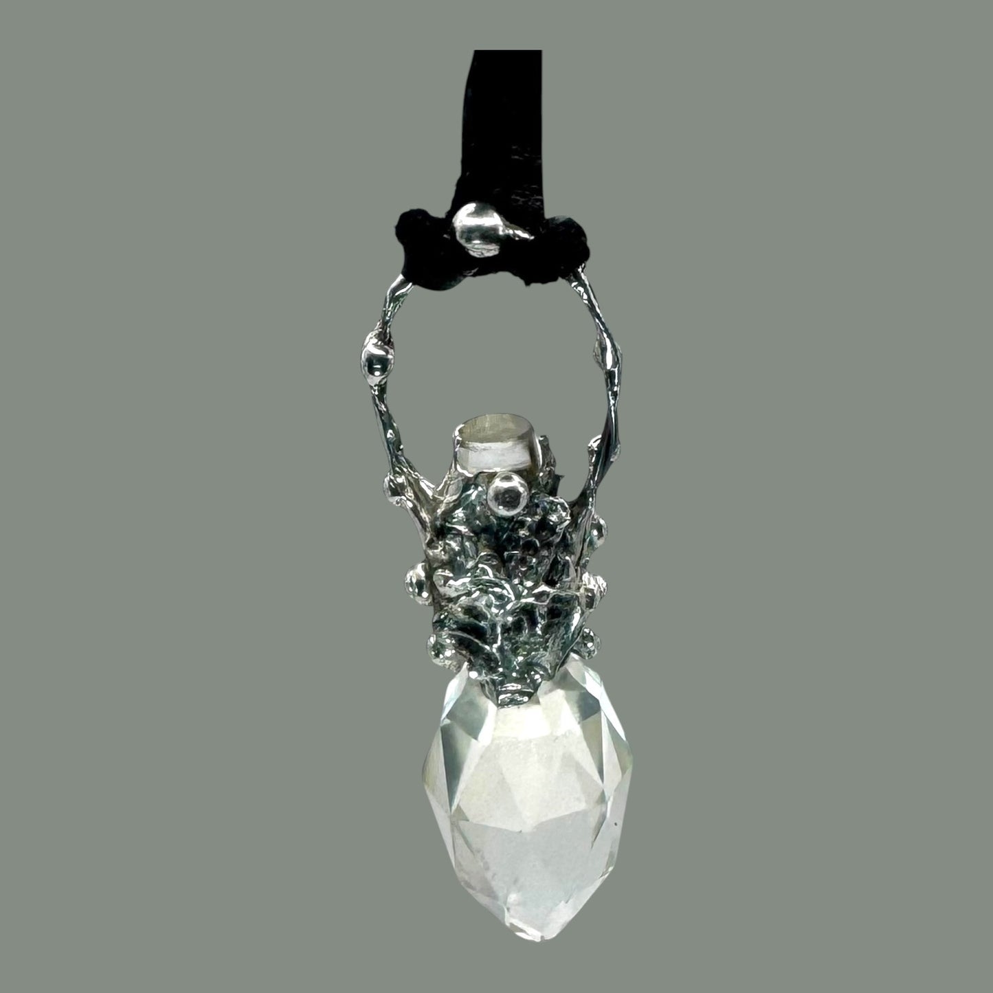 Upcycled Crystal Perfume Bottle Topper Brutalist Silver-Blend Pendant Leather Necklace