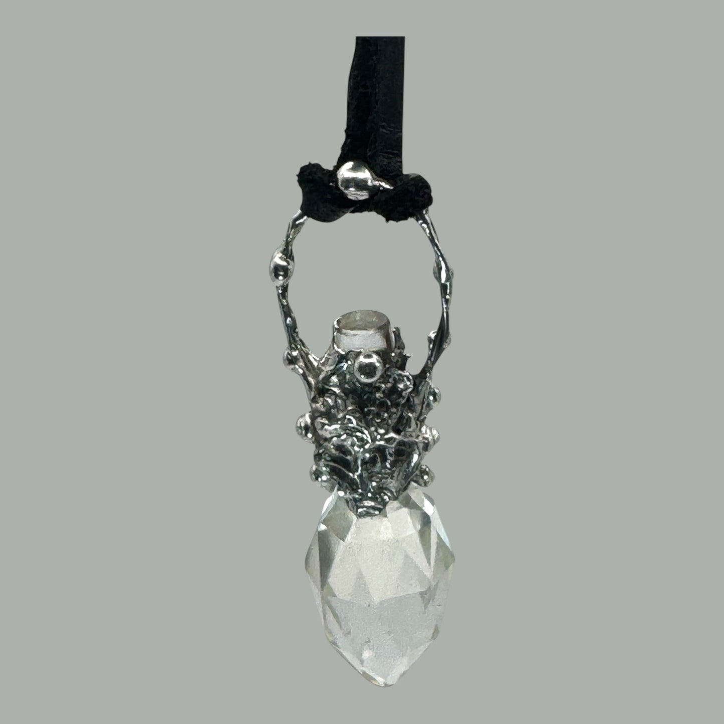 Upcycled Crystal Perfume Bottle Topper Brutalist Silver-Blend Pendant Leather Necklace