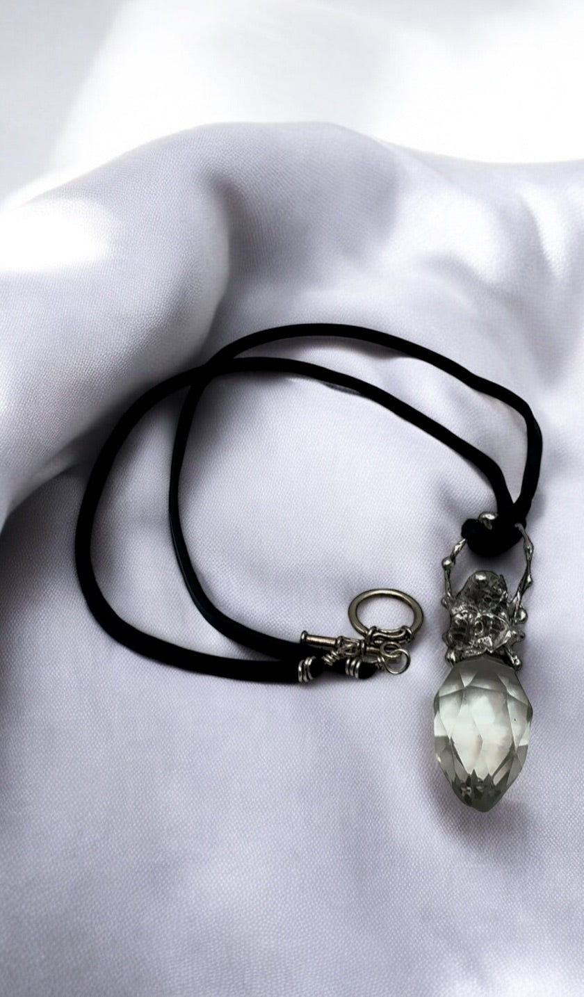 Upcycled Crystal Perfume Bottle Topper Brutalist Silver-Blend Pendant Leather Necklace