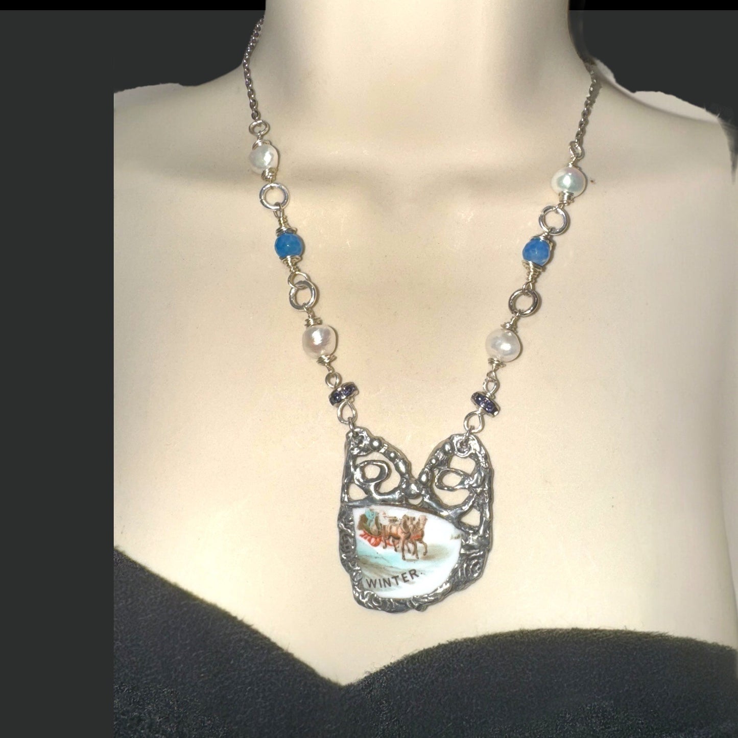 Courier & Ives Winter Pendant Necklace With Handcrafted Boho Metalwork & Pearls