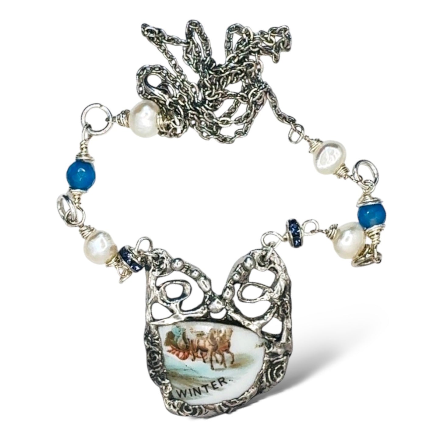 Courier & Ives Winter Pendant Necklace With Handcrafted Boho Metalwork & Pearls