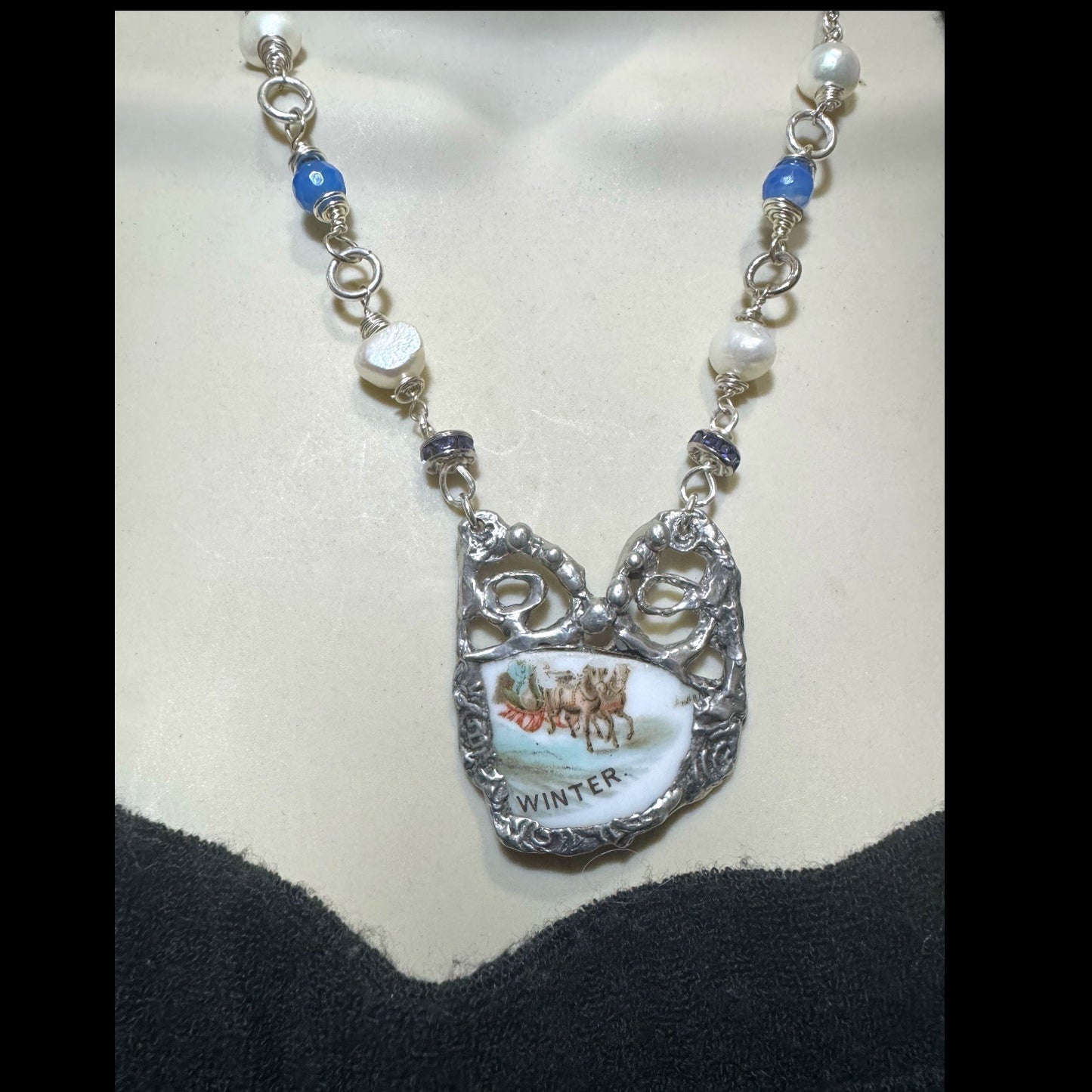 Courier & Ives Winter Pendant Necklace With Handcrafted Boho Metalwork & Pearls