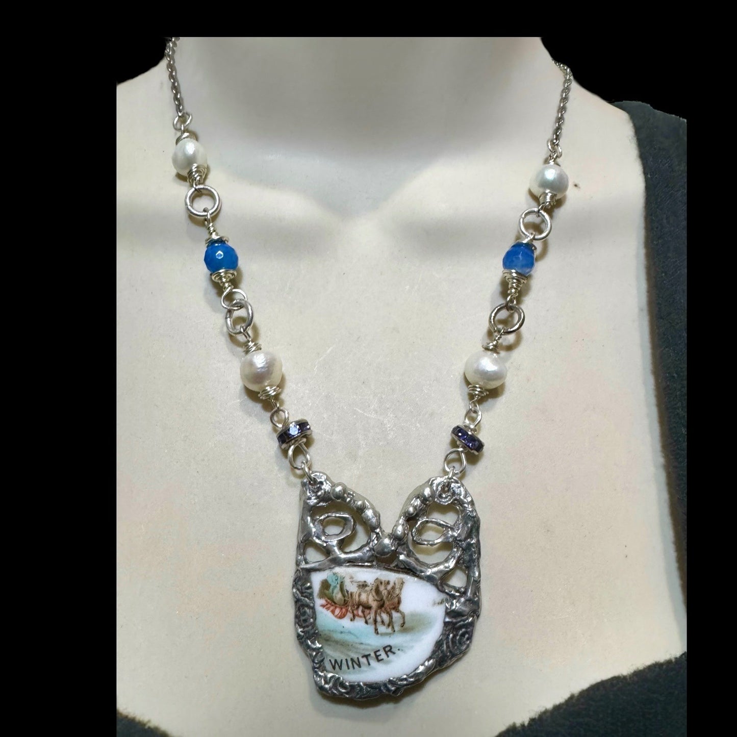 Courier & Ives Winter Pendant Necklace With Handcrafted Boho Metalwork & Pearls