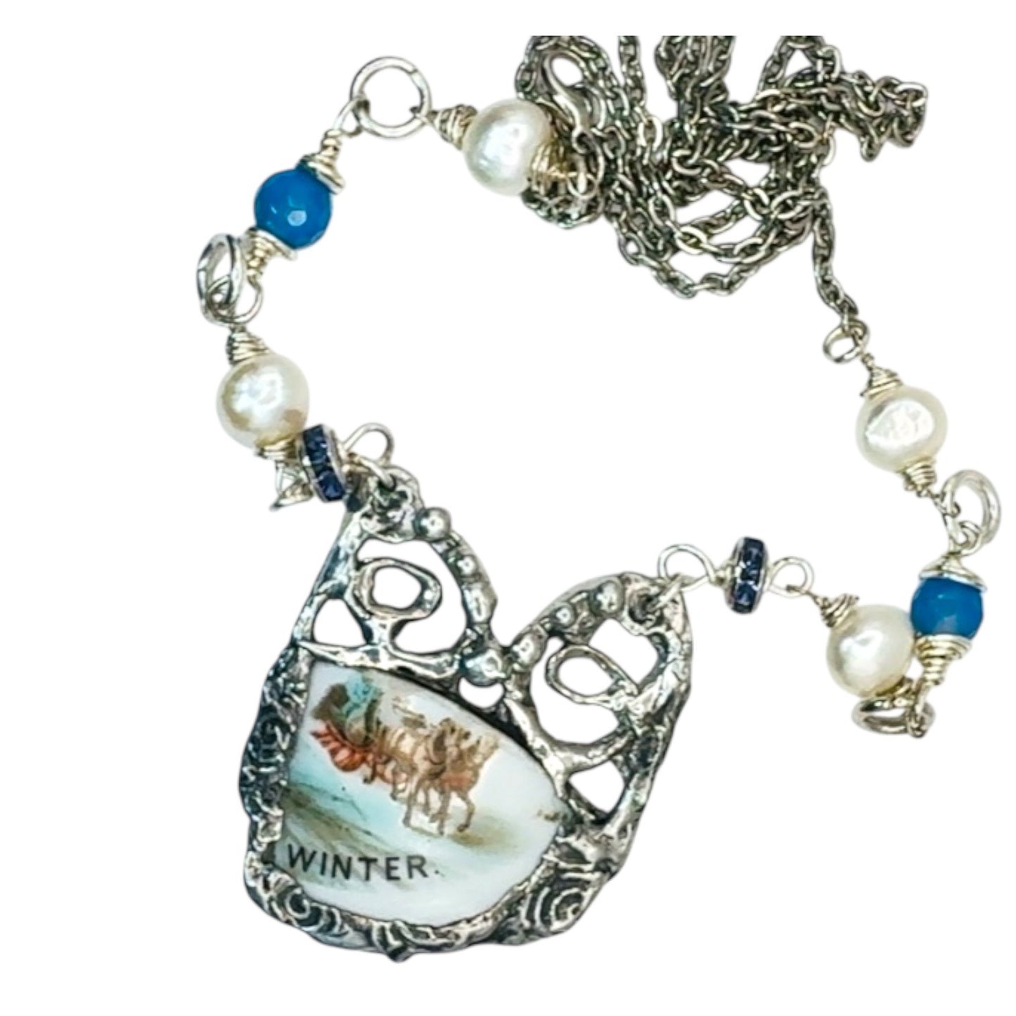 Courier & Ives Winter Pendant Necklace With Handcrafted Boho Metalwork & Pearls