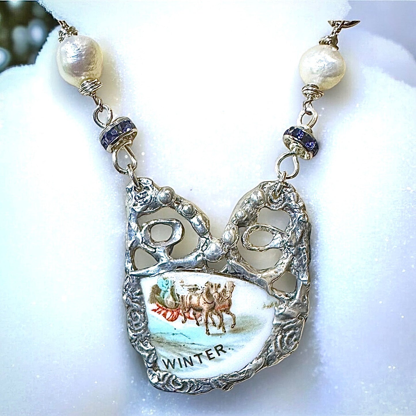 Courier & Ives Winter Pendant Necklace With Handcrafted Boho Metalwork & Pearls