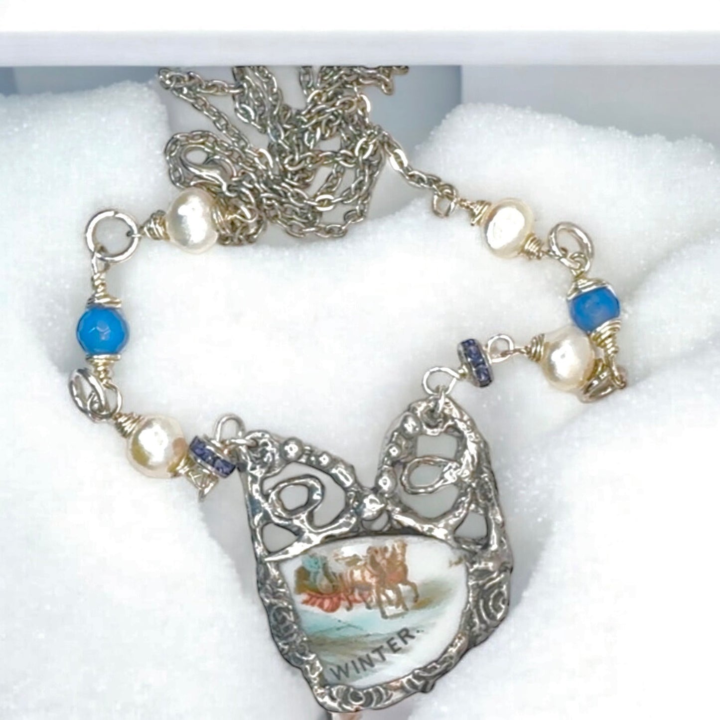 Courier & Ives Winter Pendant Necklace With Handcrafted Boho Metalwork & Pearls