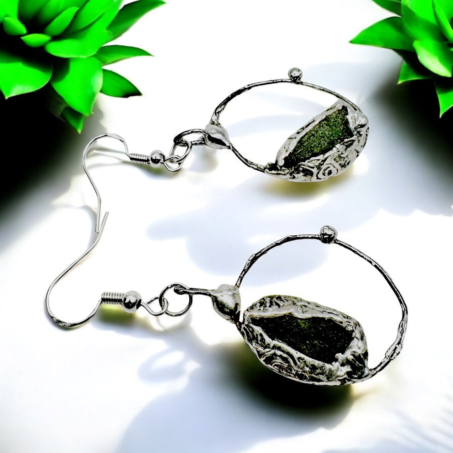 Natural Moldavite & Sterling 925 Boho Metalwork Earrings