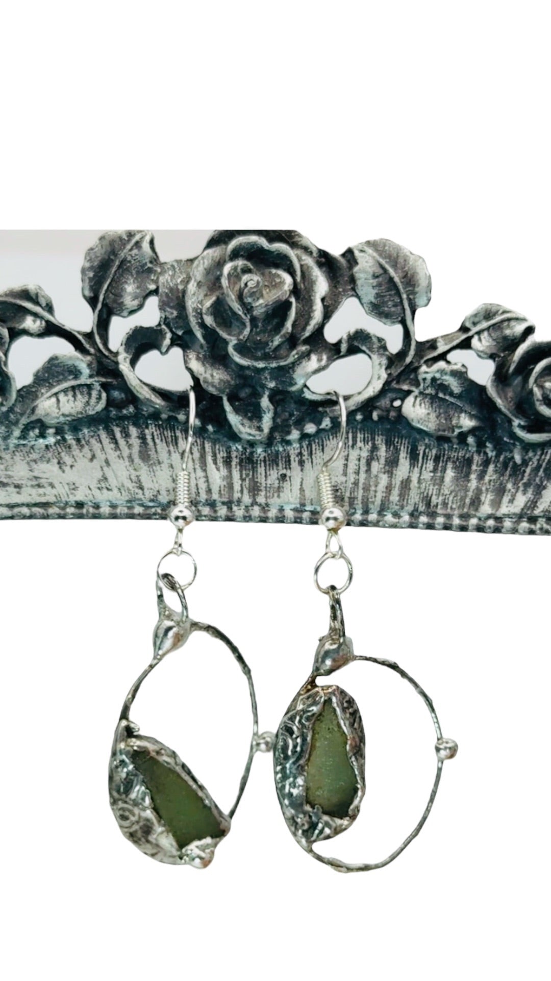 Natural Moldavite & Sterling 925 Boho Metalwork Earrings