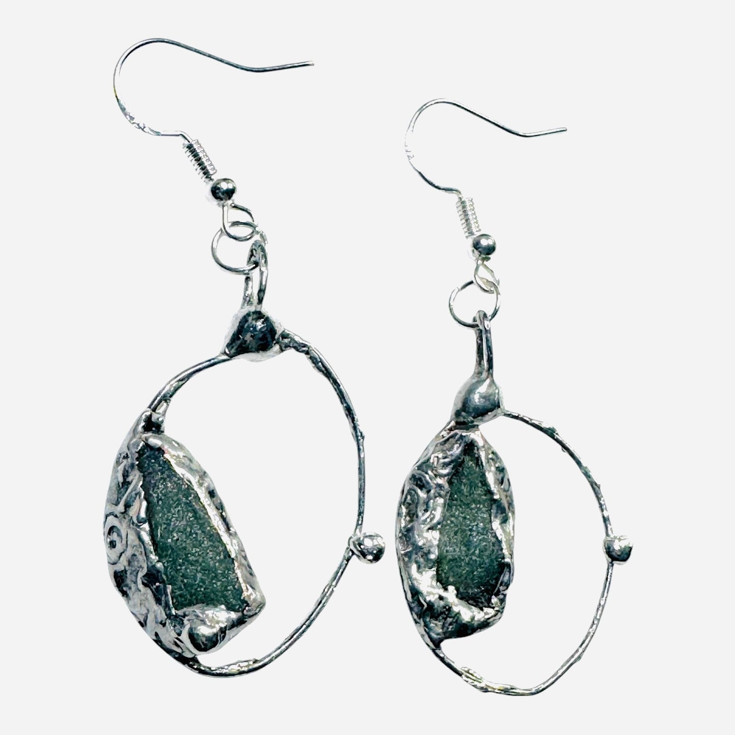 Natural Moldavite & Sterling 925 Boho Metalwork Earrings