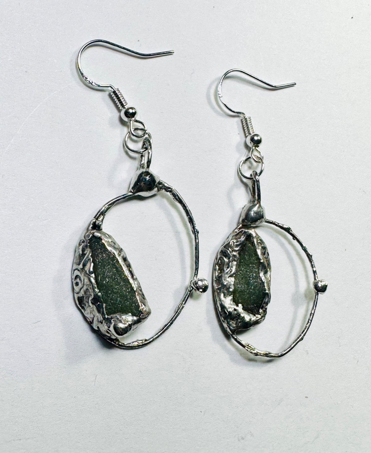 Natural Moldavite & Sterling 925 Boho Metalwork Earrings