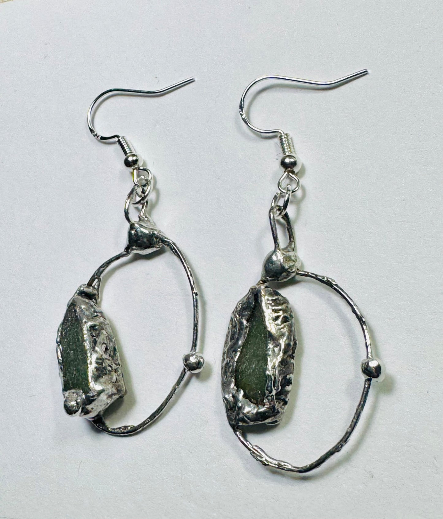 Natural Moldavite & Sterling 925 Boho Metalwork Earrings