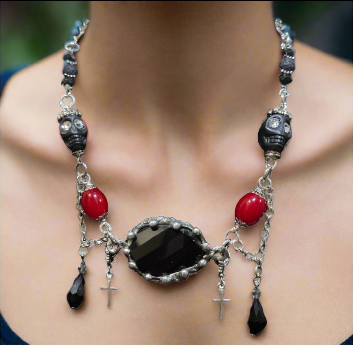 Gothic Faceted Black Onyx Pendant Red Beaded Necklace With Skulls & Cross Charms