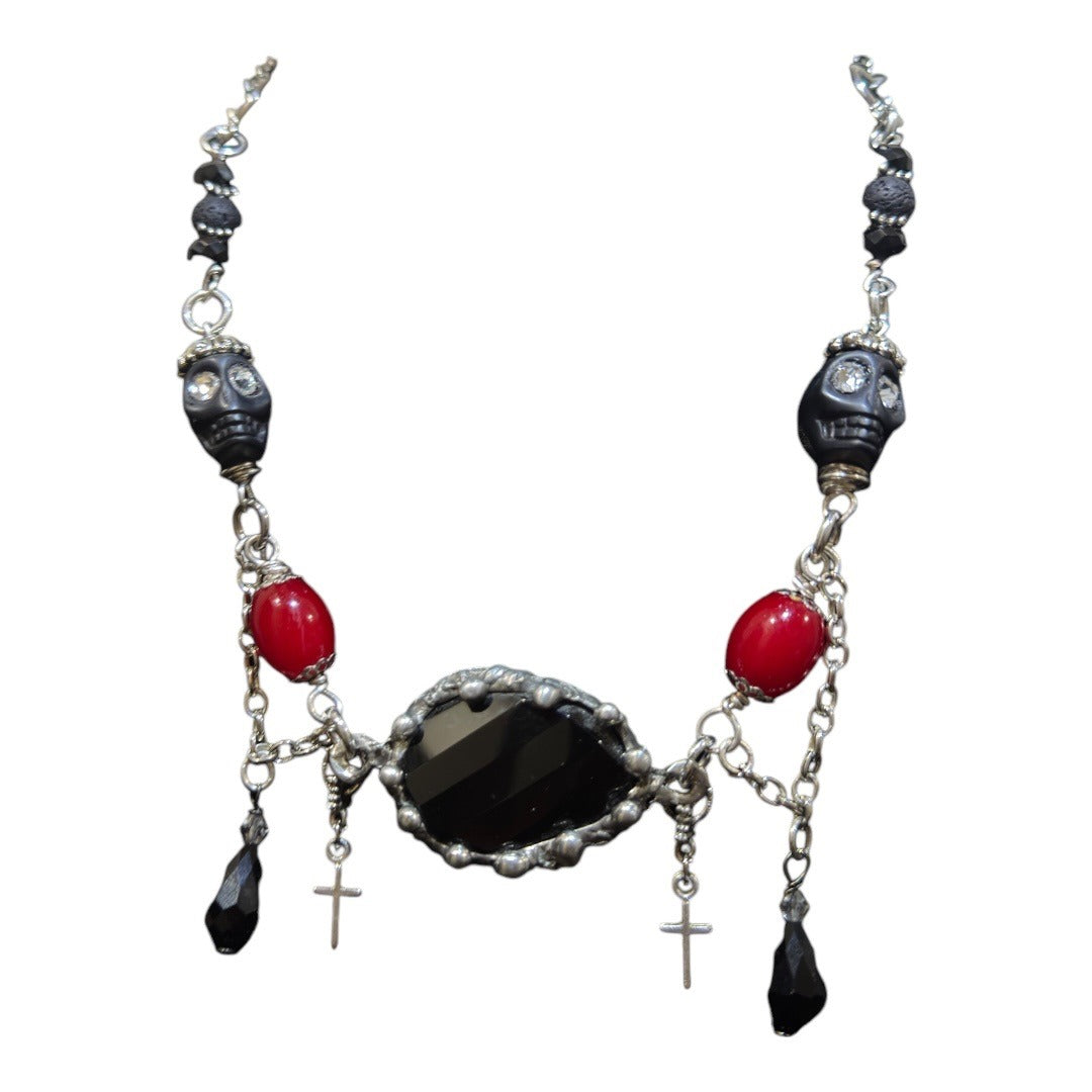 Gothic Faceted Black Onyx Pendant Red Beaded Necklace With Skulls & Cross Charms