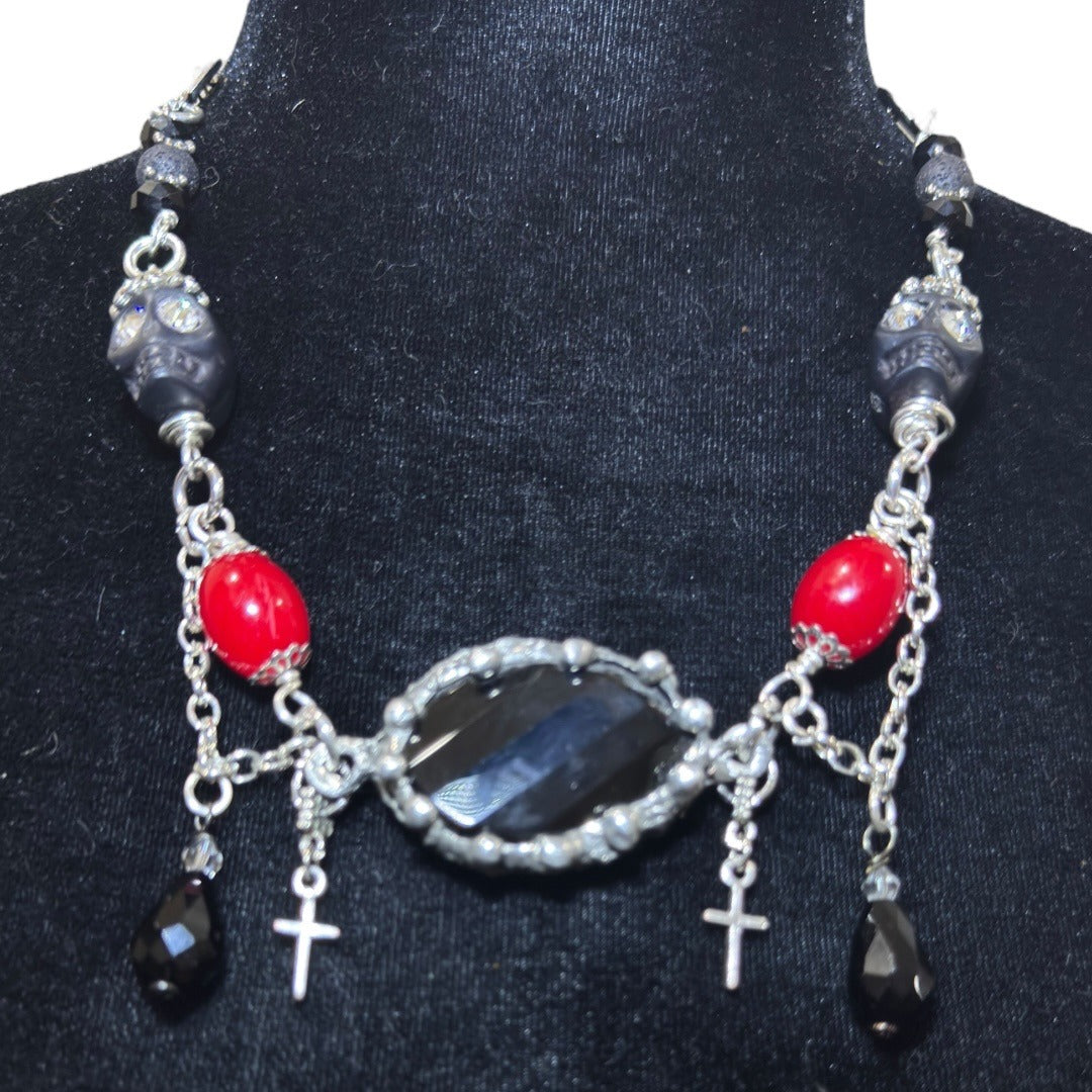 Gothic Faceted Black Onyx Pendant Red Beaded Necklace With Skulls & Cross Charms