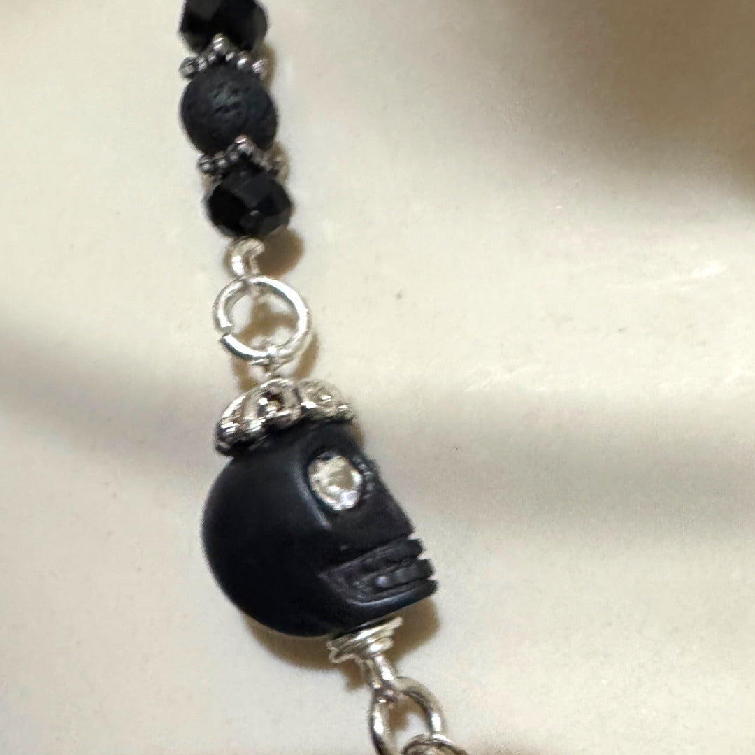 Gothic Faceted Black Onyx Pendant Red Beaded Necklace With Skulls & Cross Charms