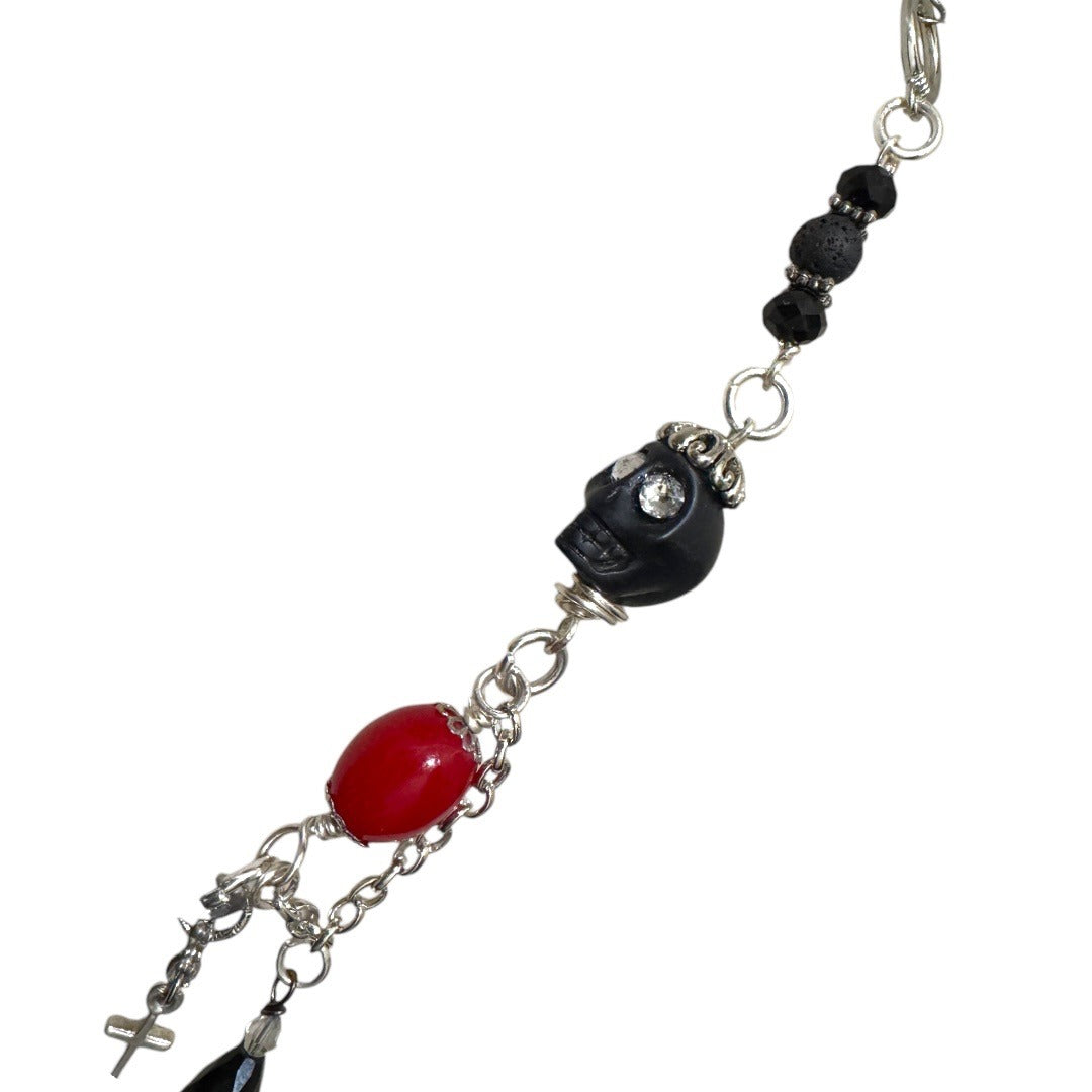 Gothic Faceted Black Onyx Pendant Red Beaded Necklace With Skulls & Cross Charms