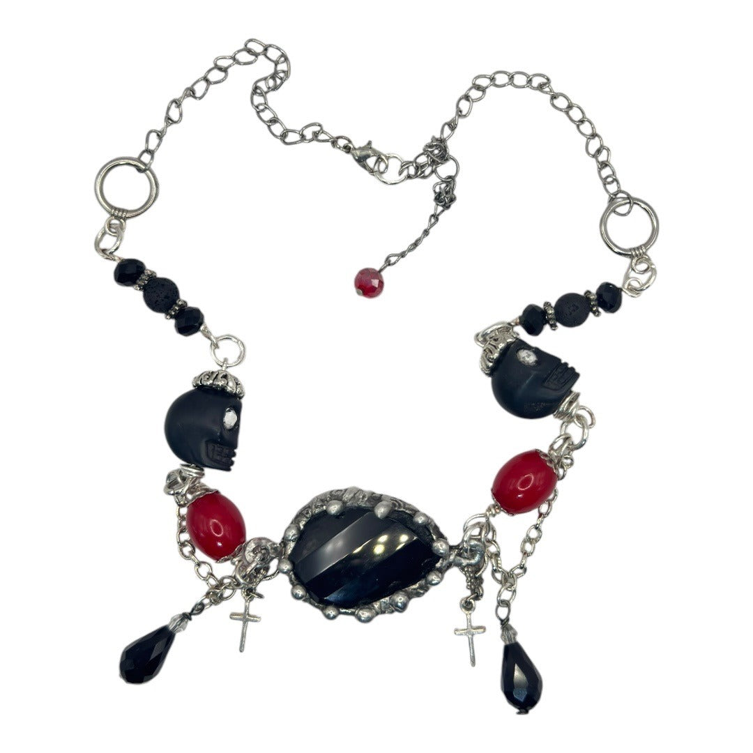 Gothic Faceted Black Onyx Pendant Red Beaded Necklace With Skulls & Cross Charms