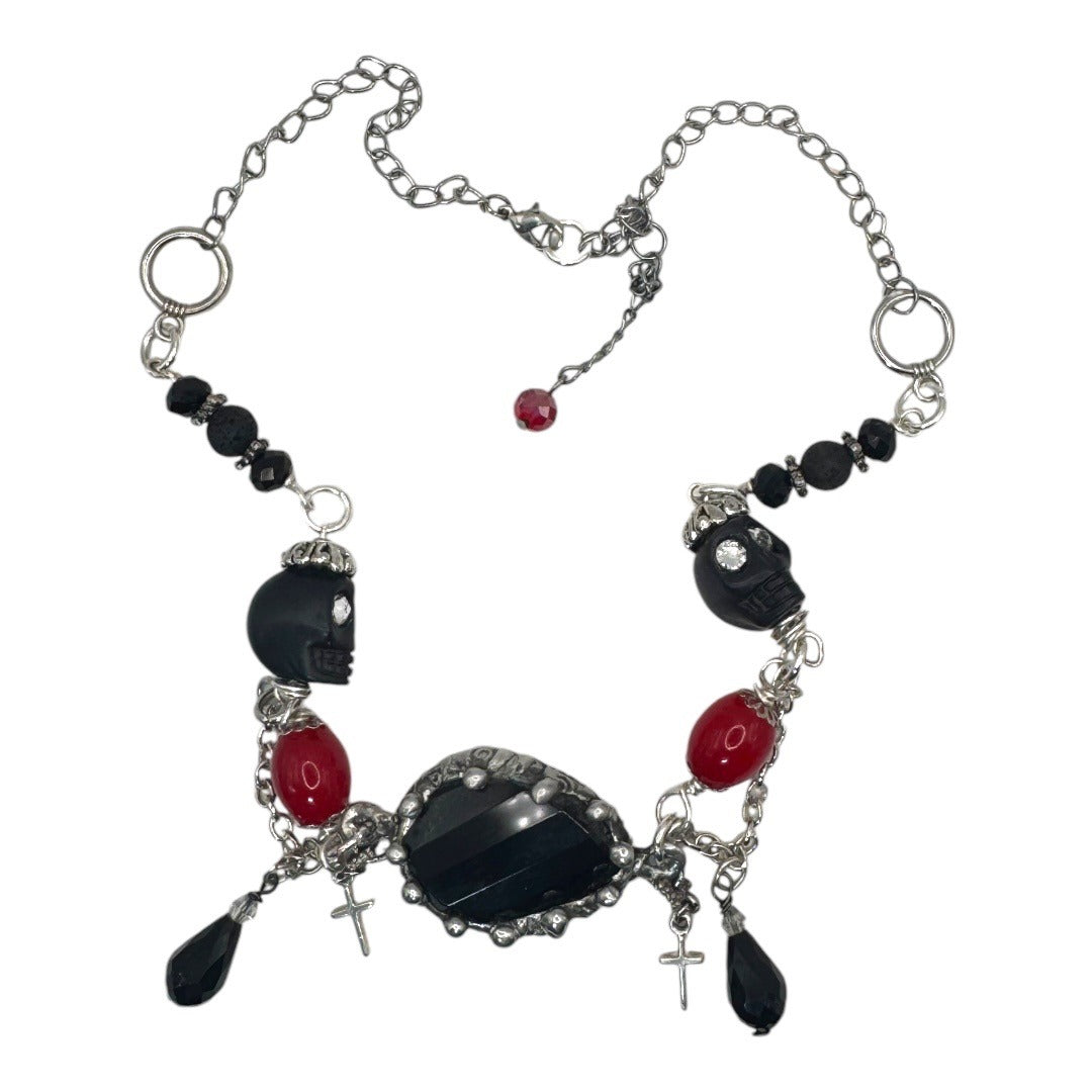 Gothic Faceted Black Onyx Pendant Red Beaded Necklace With Skulls & Cross Charms
