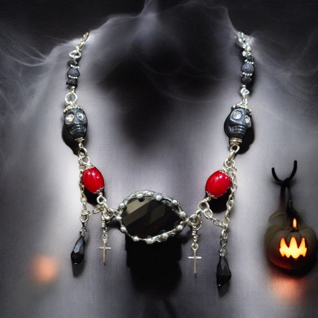 Gothic Faceted Black Onyx Pendant Red Beaded Necklace With Skulls & Cross Charms