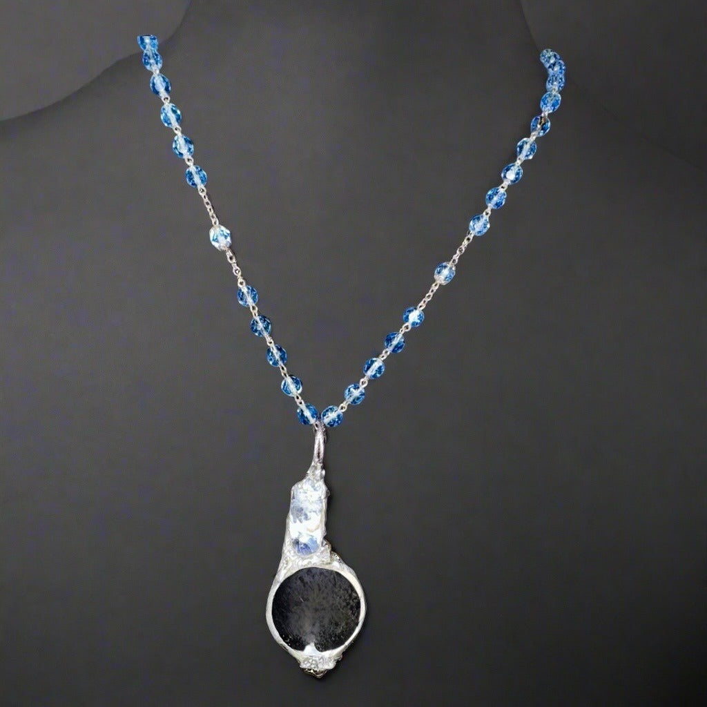 Natural Blue Opal & Magnifying Glass Silver Blend Glass Beaded Artisan Necklace