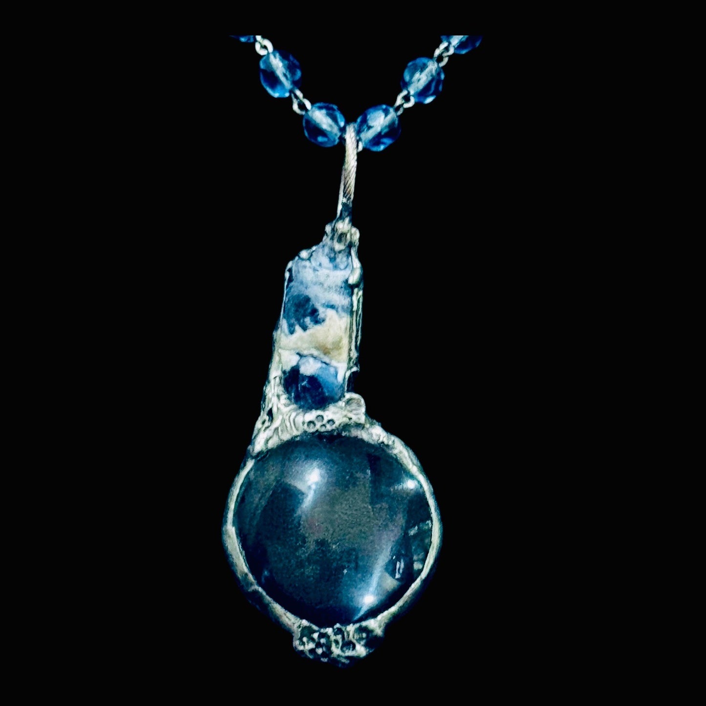 Natural Blue Opal & Magnifying Glass Silver Blend Glass Beaded Artisan Necklace