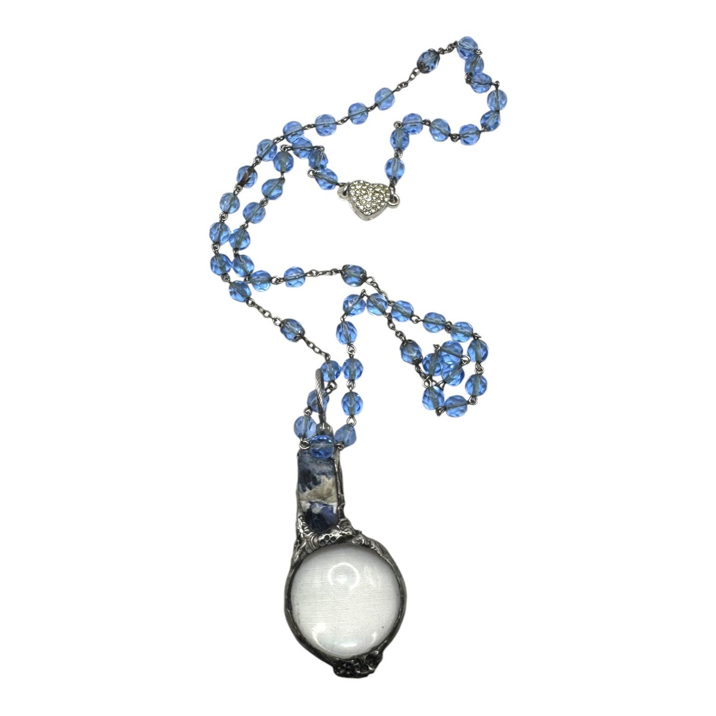 Natural Blue Opal & Magnifying Glass Silver Blend Glass Beaded Artisan Necklace