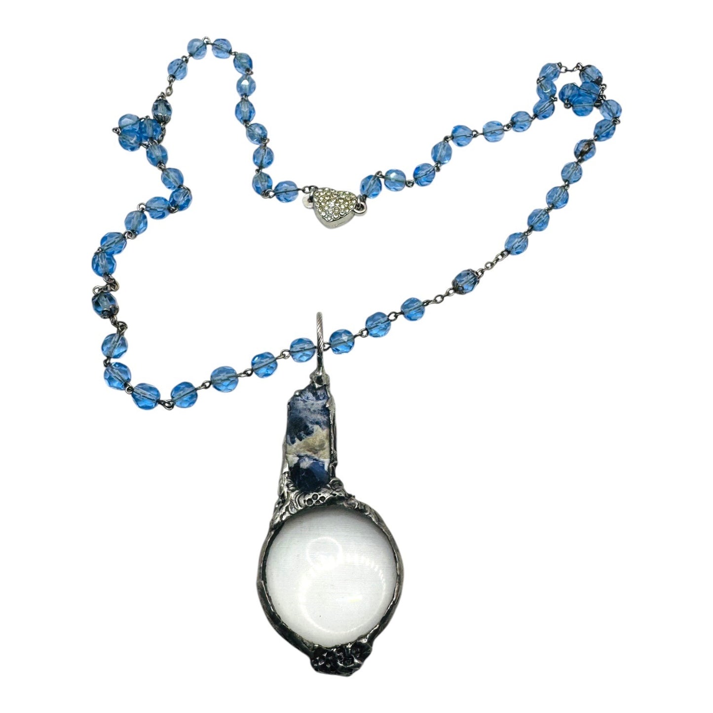 Natural Blue Opal & Magnifying Glass Silver Blend Glass Beaded Artisan Necklace