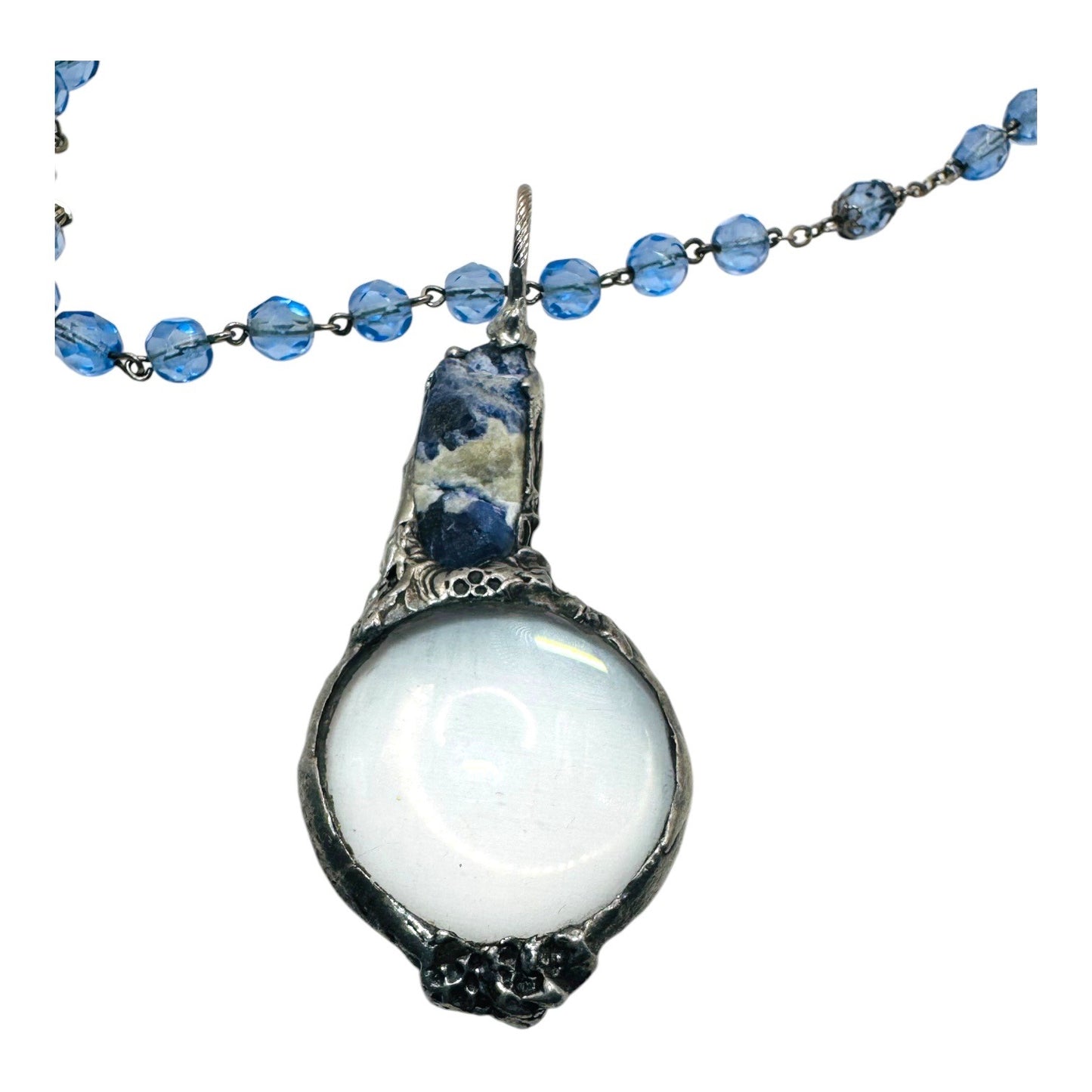 Natural Blue Opal & Magnifying Glass Silver Blend Glass Beaded Artisan Necklace