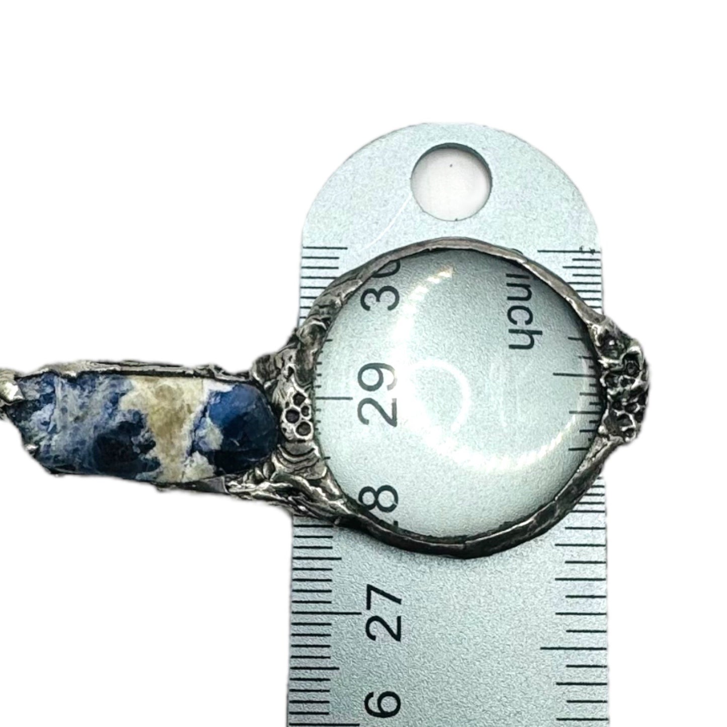 Natural Blue Opal & Magnifying Glass Silver Blend Glass Beaded Artisan Necklace