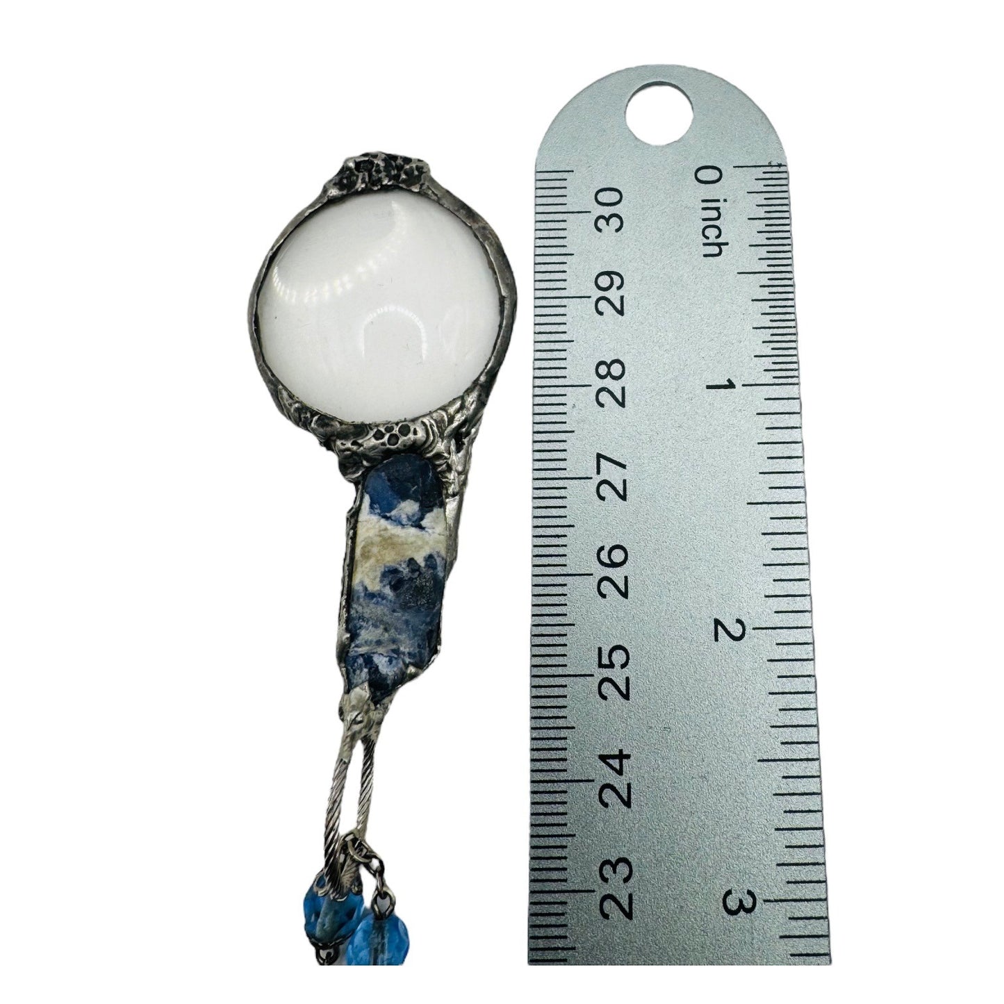 Natural Blue Opal & Magnifying Glass Silver Blend Glass Beaded Artisan Necklace