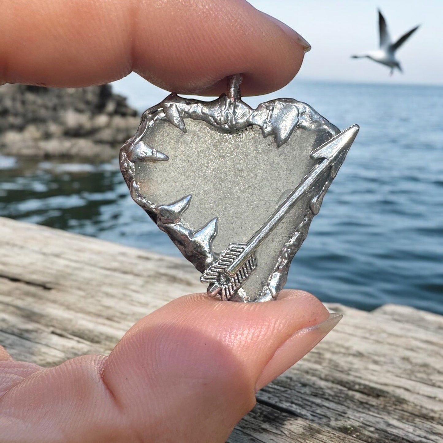 Artisan Sea Glass Heart Pendant With Silver Metalwork Arrow “Struck by Cupid”
