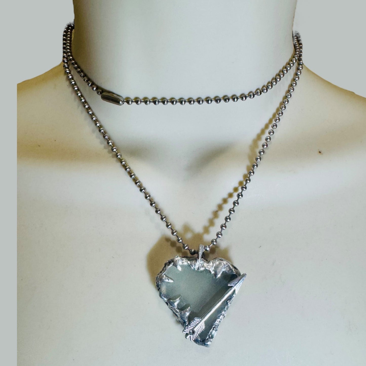 Artisan Sea Glass Heart Pendant With Silver Metalwork Arrow “Struck by Cupid”