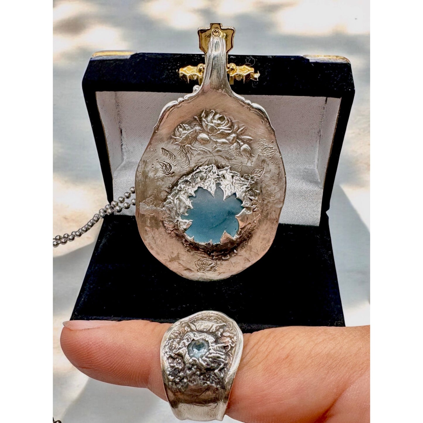Vintage Oneida Reliance Plate Spoon Ring W Aquamarine & Artisan Boho Metalwork