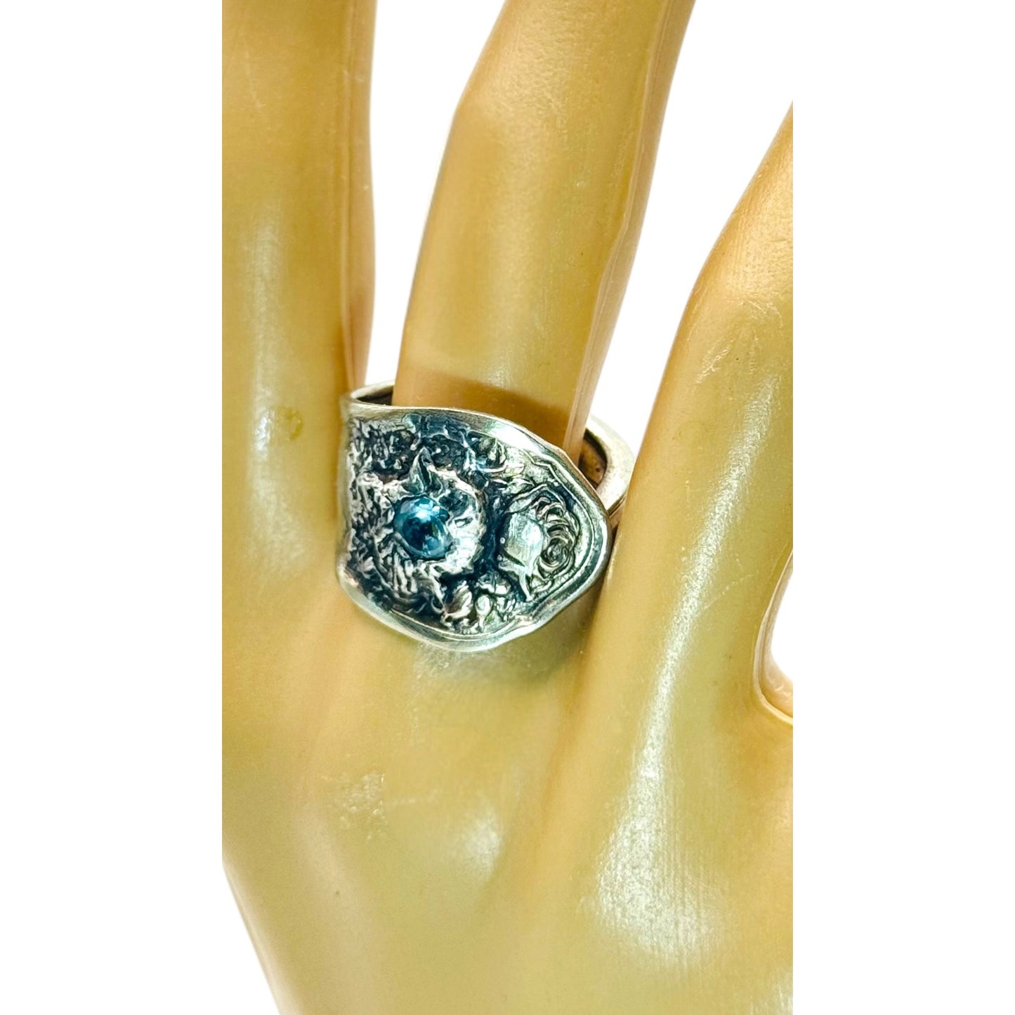 Vintage Oneida Reliance Plate Spoon Ring W Aquamarine & Artisan Boho Metalwork