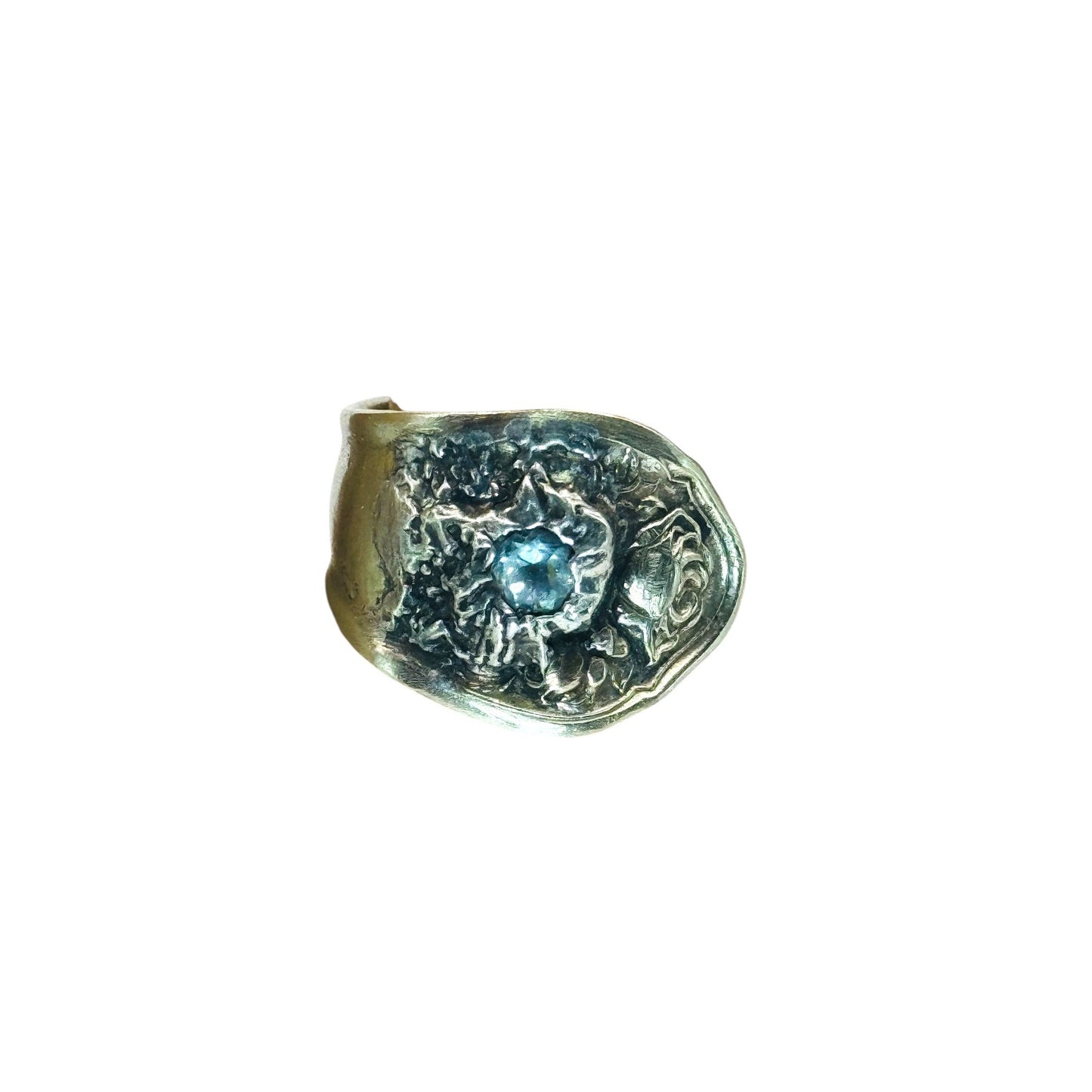 Vintage Oneida Reliance Plate Spoon Ring W Aquamarine & Artisan Boho Metalwork