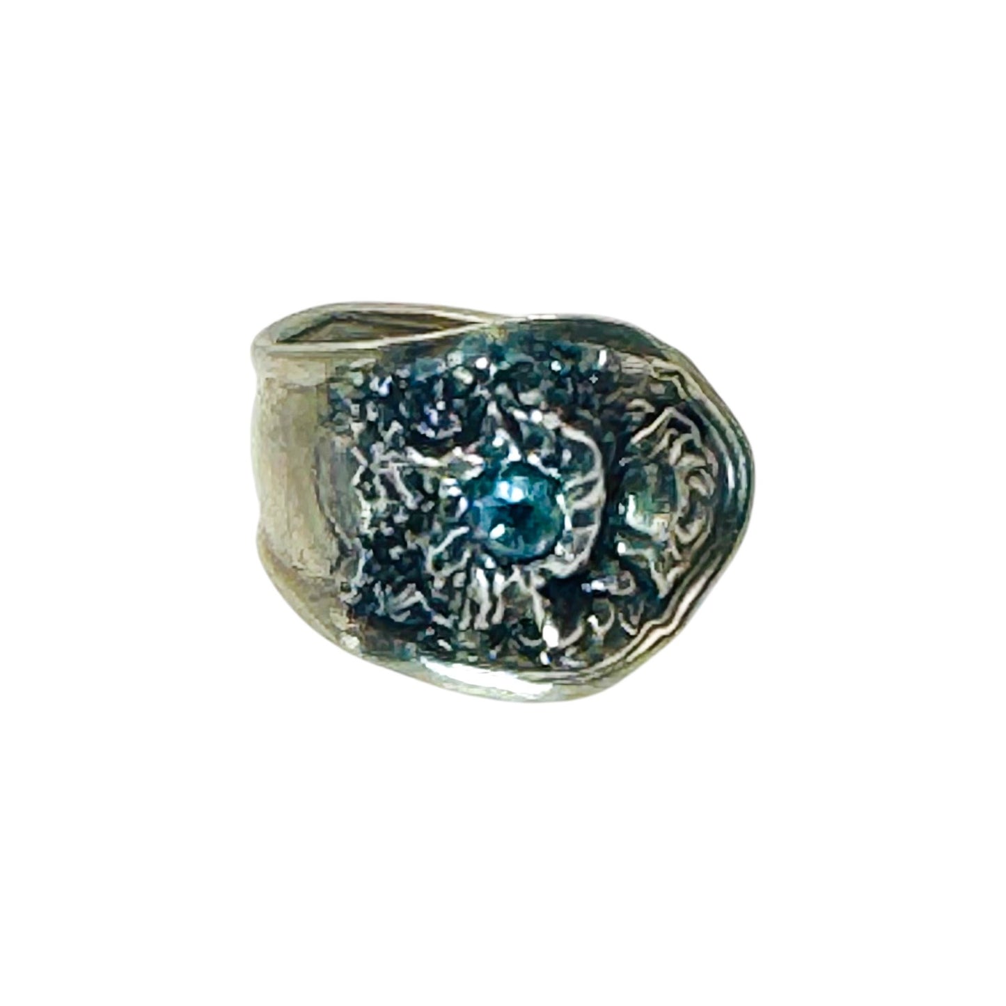 Vintage Oneida Reliance Plate Spoon Ring W Aquamarine & Artisan Boho Metalwork