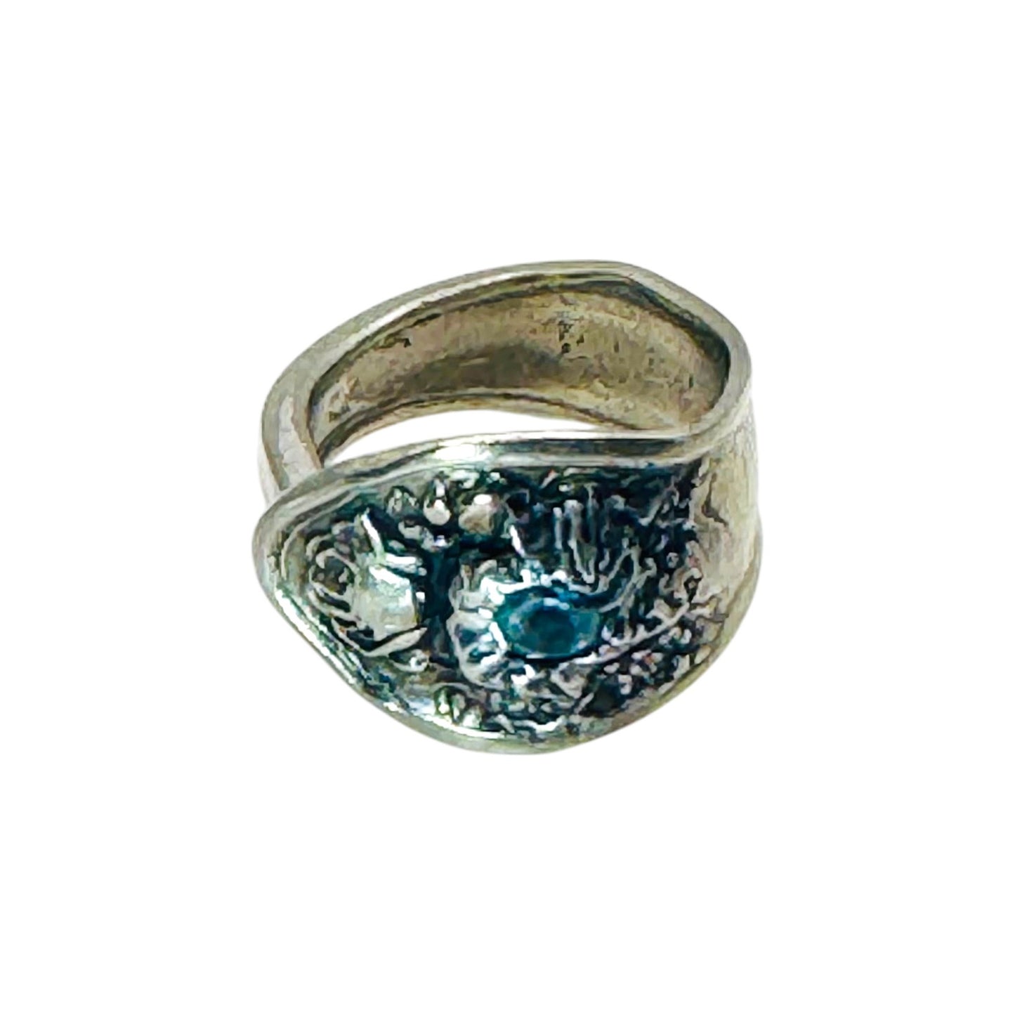 Vintage Oneida Reliance Plate Spoon Ring W Aquamarine & Artisan Boho Metalwork