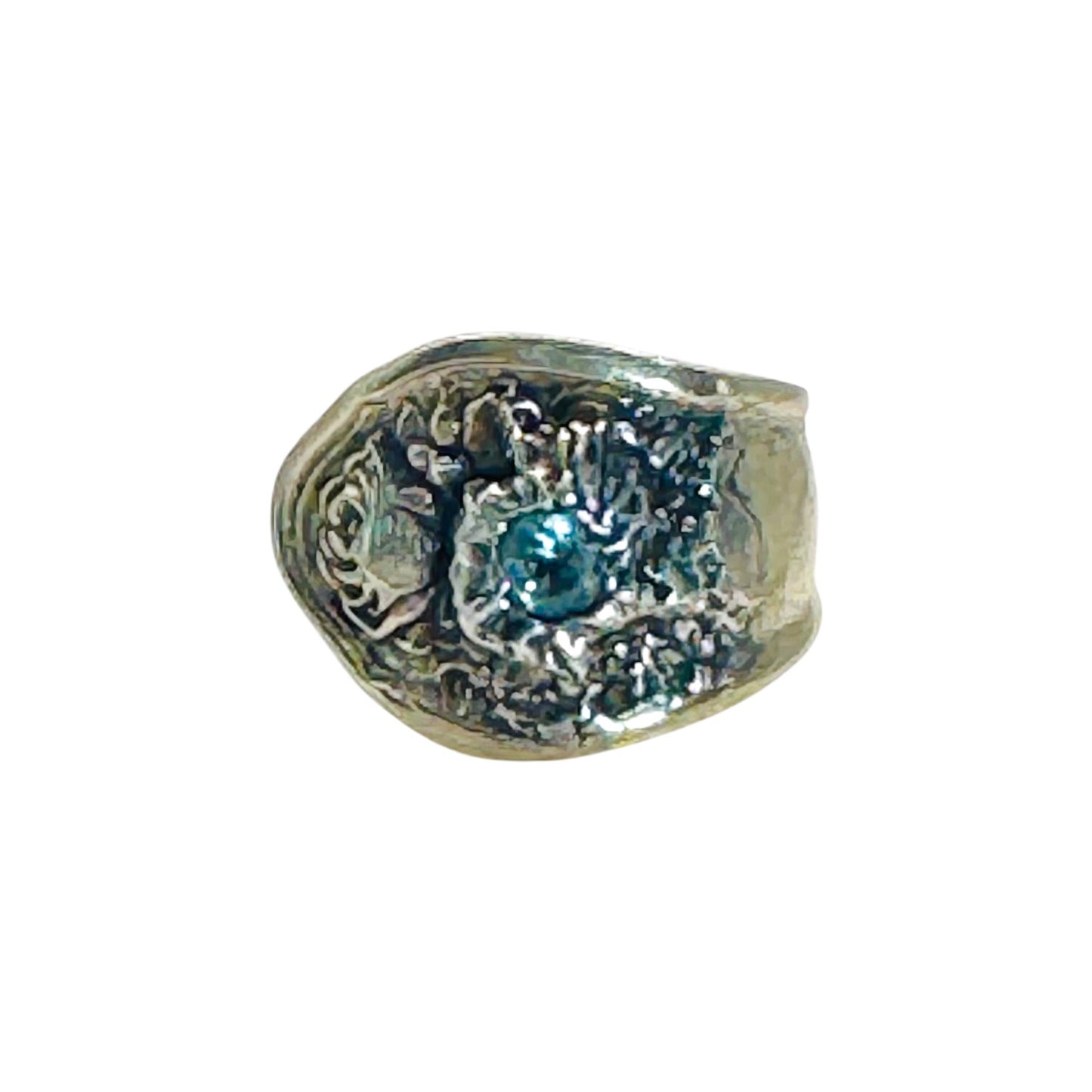 Vintage Oneida Reliance Plate Spoon Ring W Aquamarine & Artisan Boho Metalwork