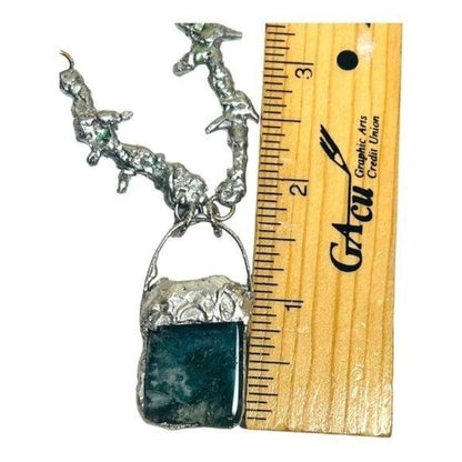 Natural Free Form Moss Agate Pendant & Brutalist Silver-Blend Metalwork Thorn Necklace