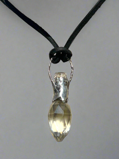 Vintage Crystal Perfume Bottle with Boho Metalwork & Leather Rope Necklace