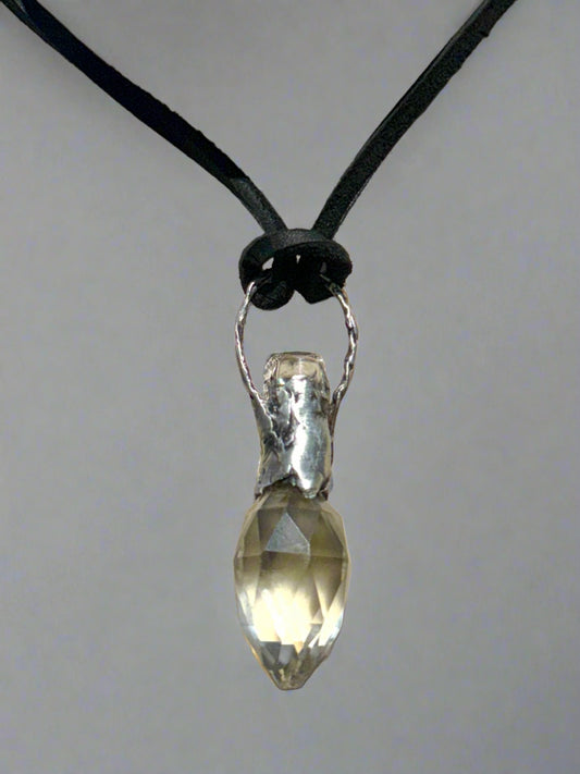 Vintage Crystal Perfume Bottle with Boho Metalwork & Leather Rope Necklace