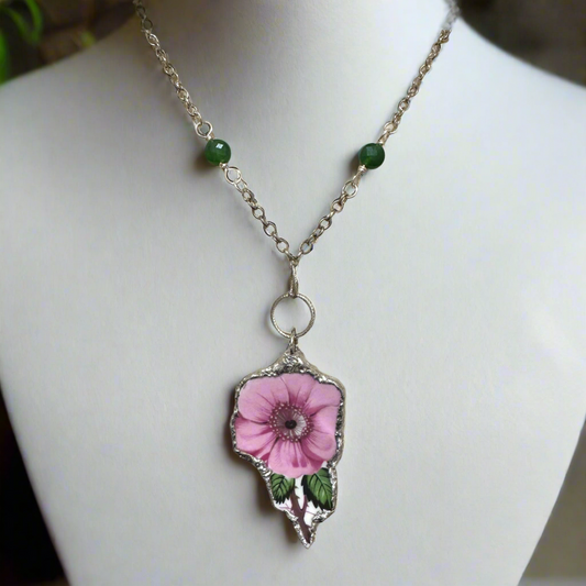 Old Country Rose Broken China Pendant & Green Aventurine Beaded Necklace